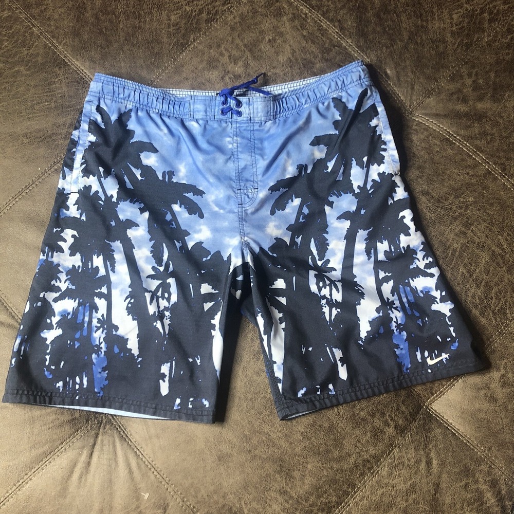 Nike Better World XL Palm Tree Print Swim Trunks Blue Drawstring Shorts‎